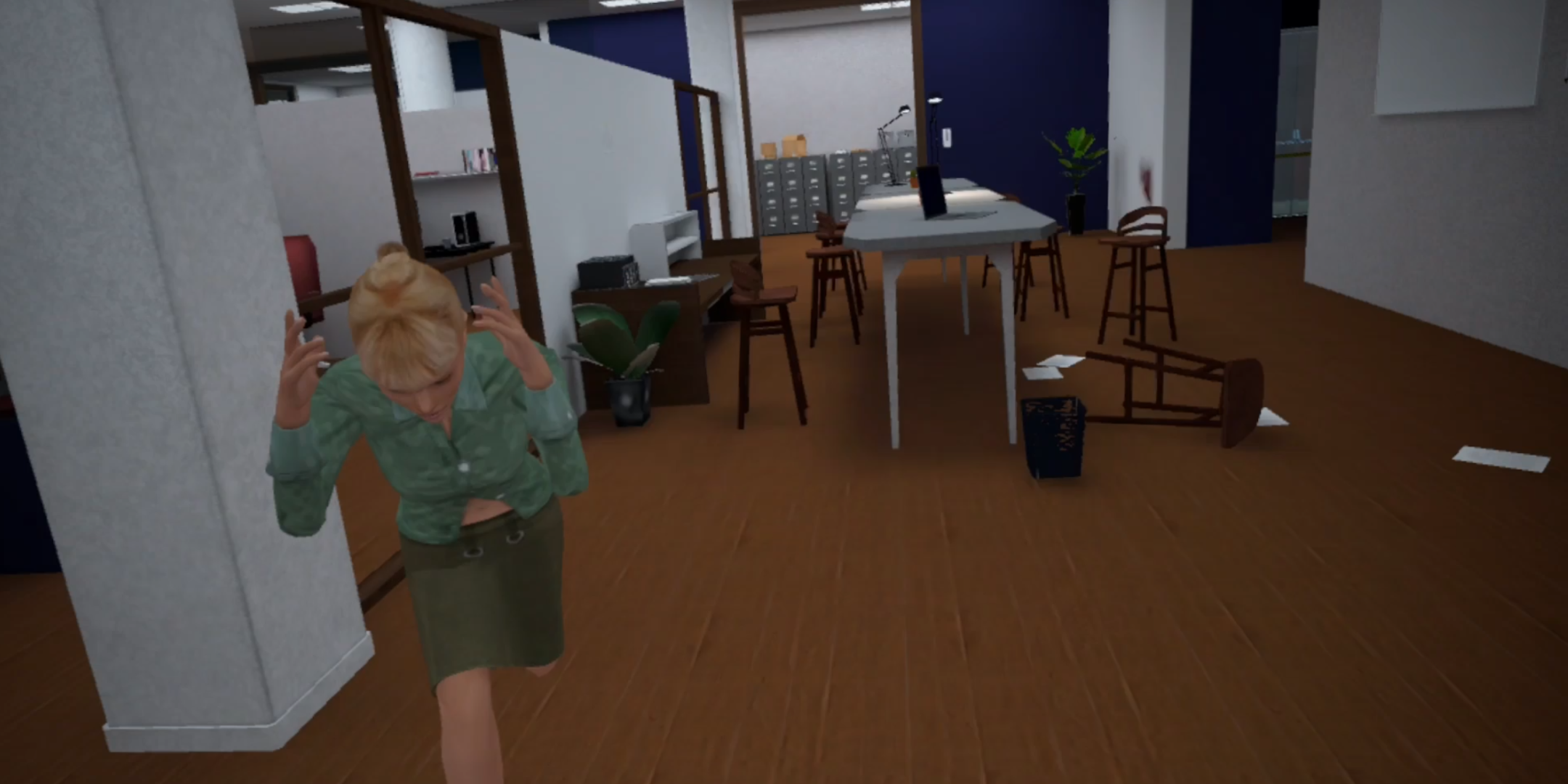 Screenshot inside VR rendering of woman running away