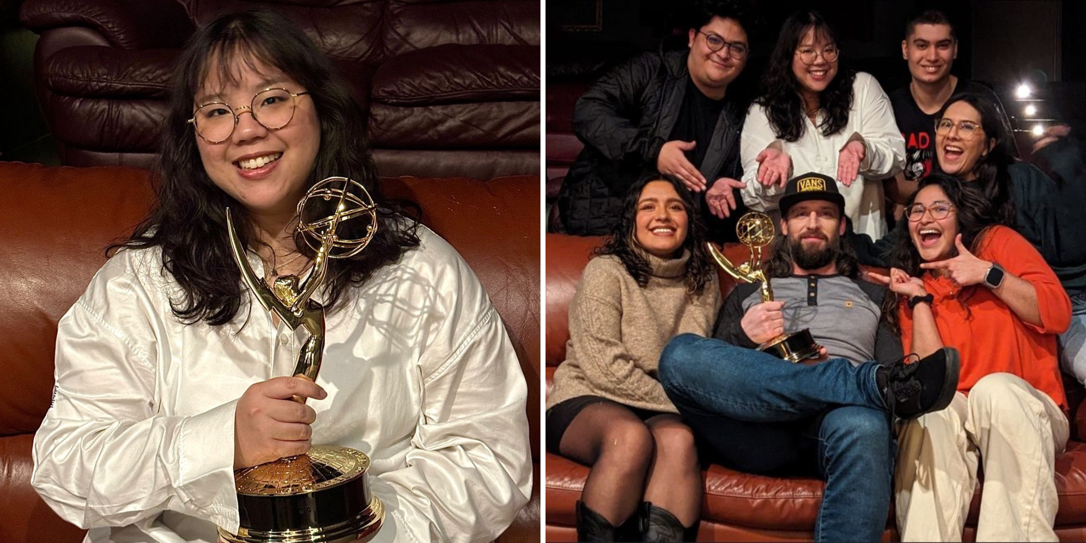 Meghan Ang holding an Emmy while sitting on a couch